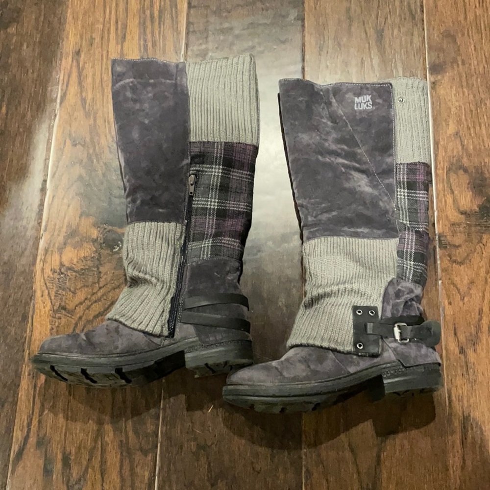 Muk Luks boots, purple suede and grey knit patch work knee high boots. Size 7.
